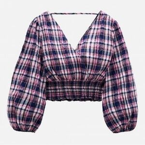Zara wrapped checkered cropped shirt, XS, ballon sleeves, V-neck, V-Back Smocked